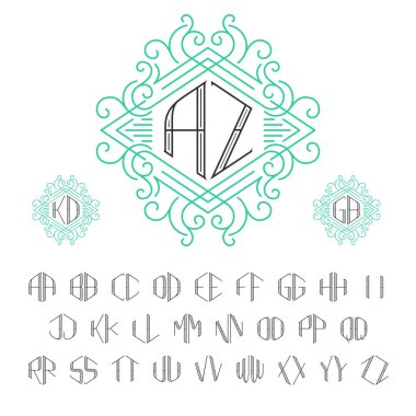 İki harf şablonu anahat tarzı monogram. Harfler A'dan Z'ye kümesi.