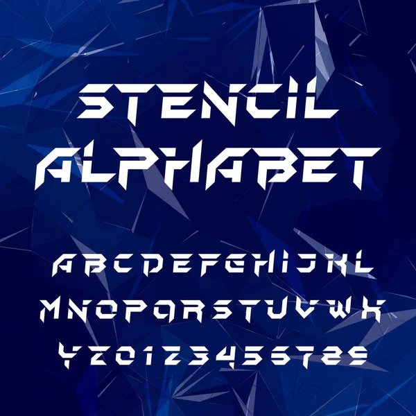 Шрифт трафаретного алфавита. Буквы и цифры геометрического типа . — стоковый вектор