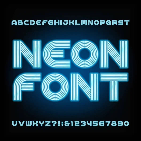 Blauwe neon buis alfabet lettertype. Type de letters en cijfers. — Stockvector