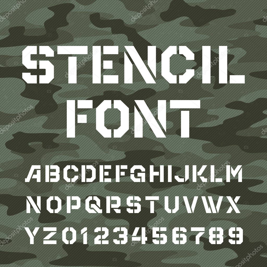 Stencil alphabet font. Type letters and numbers.