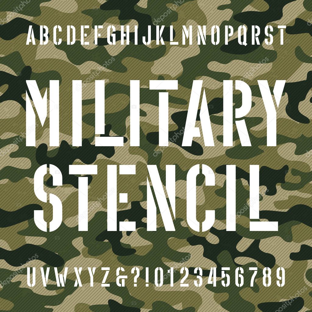 Military stencil alphabet font. Type letters and numbers on distressed camo seamless  background.