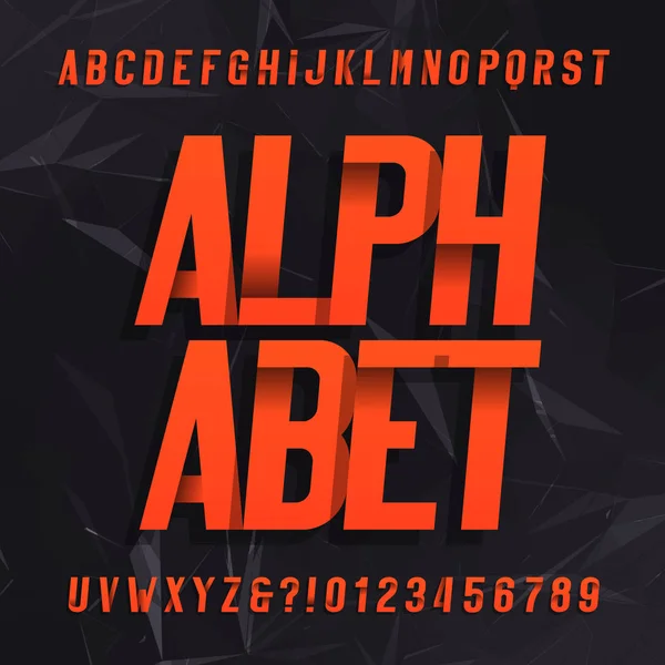Dekorative Alphabet-Vektorschrift. schräge Buchstaben, Symbole und Zahlen auf dunklem abstrakten Hintergrund. — Stockvektor