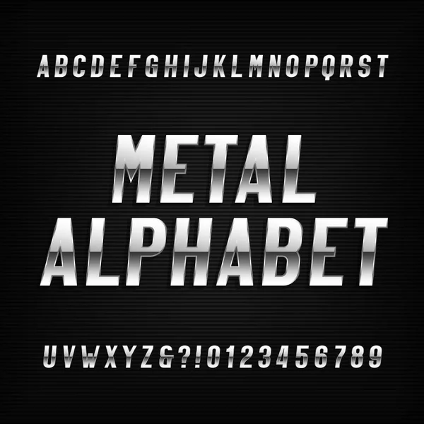 Metal alfabeto fuente. Efecto cromo letras y números sobre un fondo oscuro . — Vector de stock