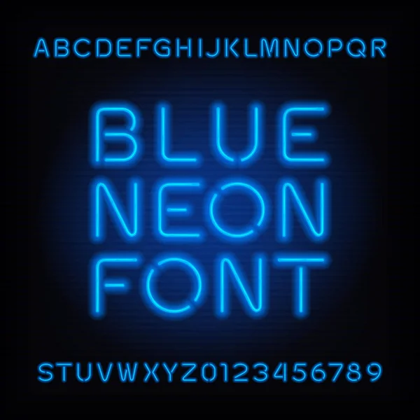 Teckensnitt för neonrör. Blå färg typ bokstäver och siffror. — Stock vektor