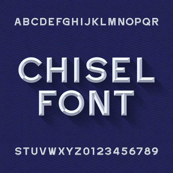 Chisel Alphabet Vector Font. Escriba letras y números. Fondo de onda azul . — Vector de stock