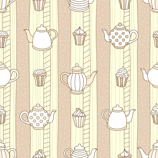 茶壶和纸杯蛋糕手绘制的模式 — 图库矢量图片
