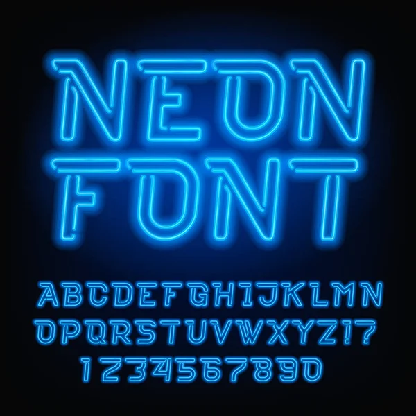 Polices alphabet tube néon. Lettres et chiffres de type oblique de couleur bleue . — Image vectorielle