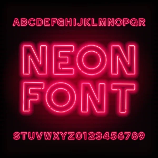 Neon tube alfabetet teckensnitt. Röd färg typ bokstäver och siffror. — Stock vektor