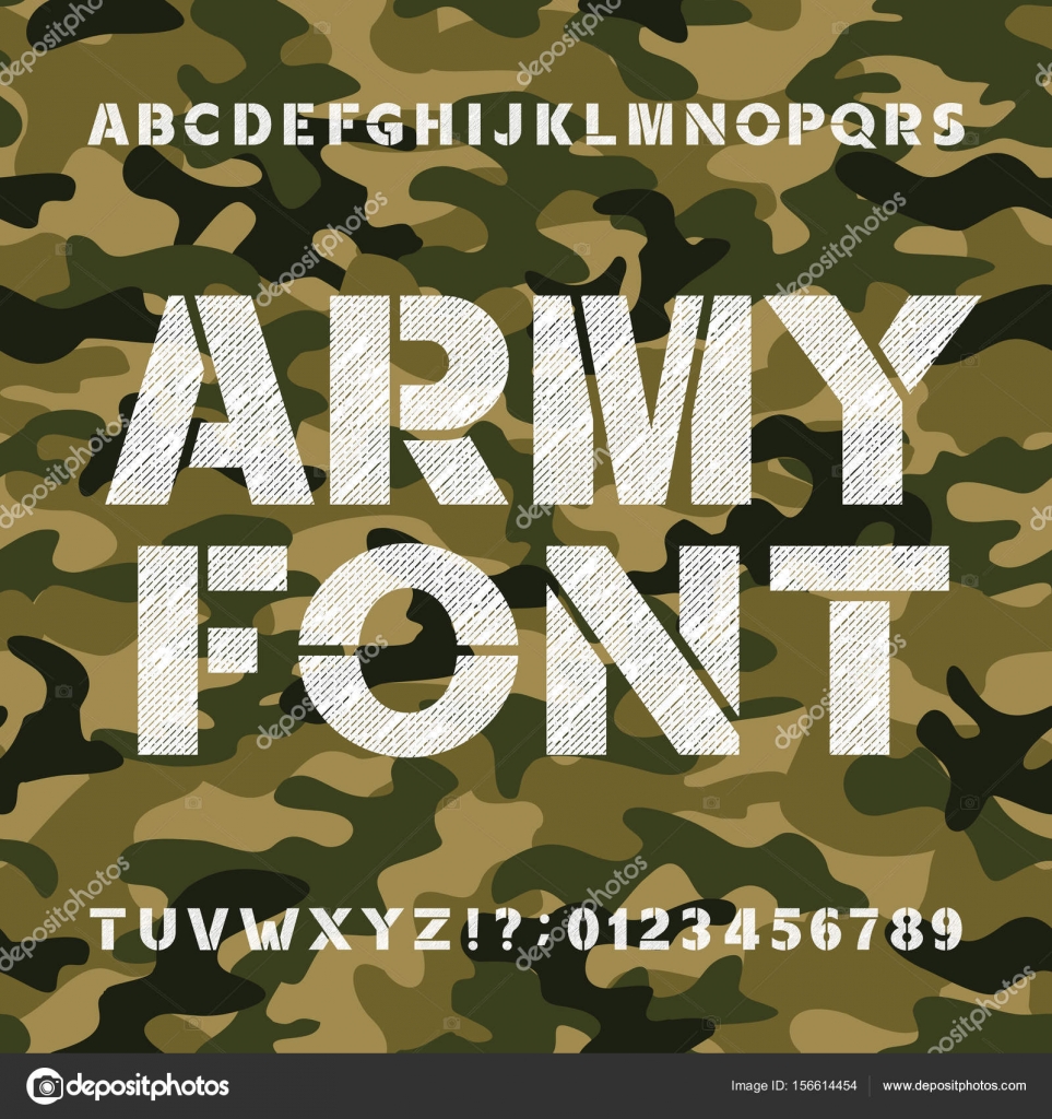army alphabet font scratched bold type letters and numbers on a