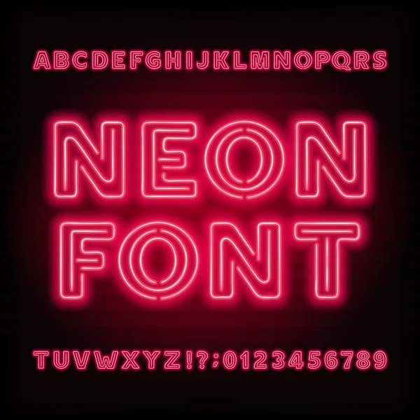 Neon tube alphabet font. Red color bold type letters and numbers. — Stock Vector