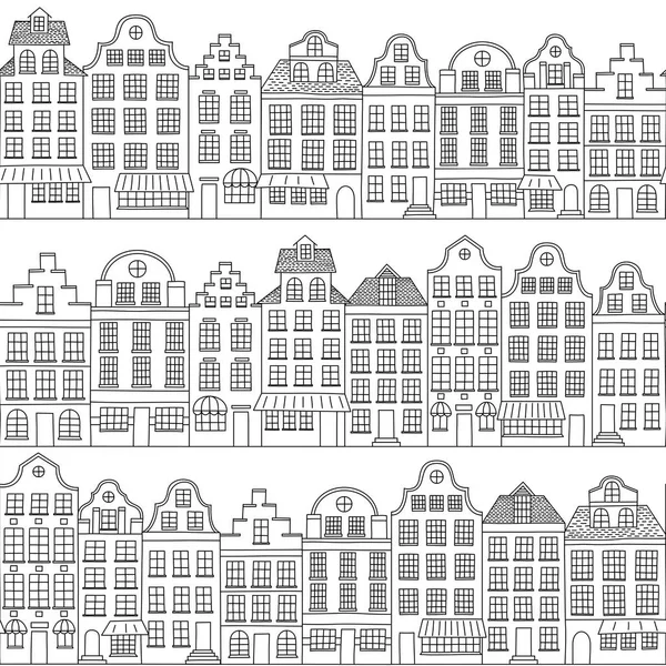 Modèle sans couture avec maisons de ville dans le style européen. Maisons dessinées à la main . — Image vectorielle