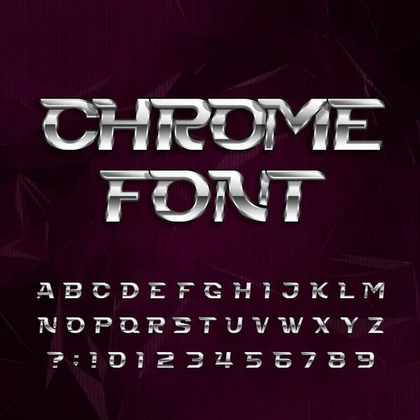 Caratteri dell'alfabeto Chrome. Effetto metallico lettere e numeri italici su sfondo poligonale scuro . — Vettoriale Stock