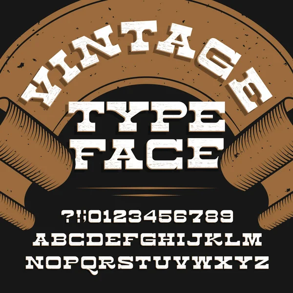 Vintage lettertype. Retro noodlijdende alfabet vector lettertype. Slab serif letters en cijfers. — Stockvector