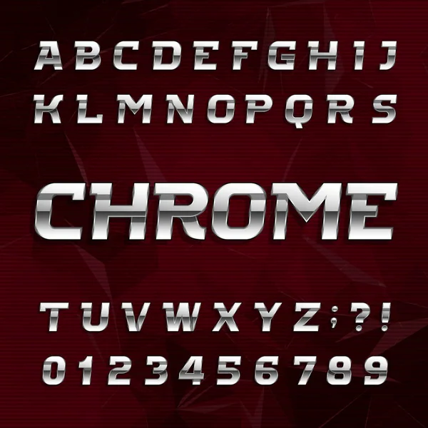 Chrome alphabet font. Metallic effect oblique letters and numbers on an abstract background. — Stock Vector