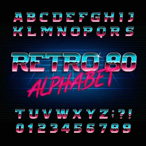 80 's retro alfabet lettertype. Metallic effect glimmende schuine letters en cijfers. — Stockvector
