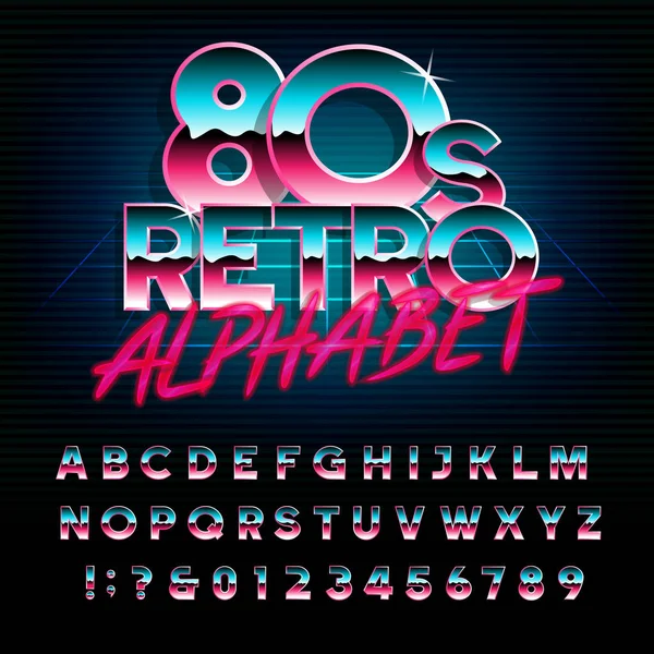 80 's retro alfabet lettertype. Metallic effect type letters en cijfers. — Stockvector