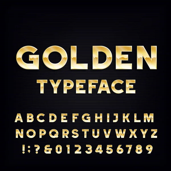 Golden Alphabet Vector Font. Metallic effect shiny letters and numbers on a dark background. — Stock Vector