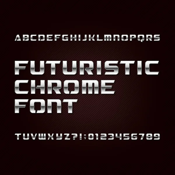 Caratteri futuristici dell'alfabeto cromato. Lettere e numeri effetto metallico su sfondo scuro . — Vettoriale Stock