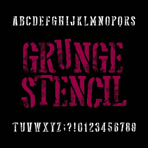 Grunge stencil typeface. Fuente retro alphabet. Letras y números rayados sobre un fondo negro . — Vector de stock
