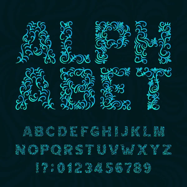 Une police de caractères ornée. Fonte alphabet ornemental. Effet lettres et chiffres sur un fond tourbillonnant . — Image vectorielle