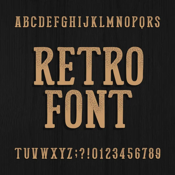 Hand drawn vintage typeface. Retro alphabet font. Type letters and numbers on a rough wooden background. — Stock Vector