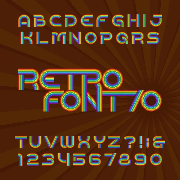 Retro csíkos ábécé vektor betűtípusát. Funky típusú betűket és számokat, 70-es években stílusosan. — Stock Vector