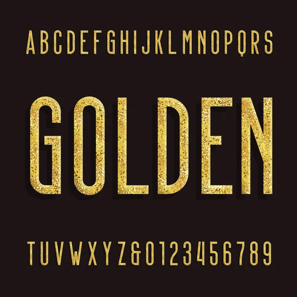 Golden Alphabet Font. Metallic effect shiny letters and numbers. — Stock Vector