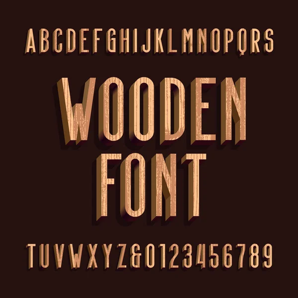 Wood retro alphabet vector font. Letters and numbers. — Stock Vector