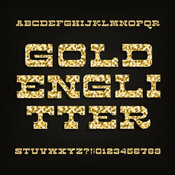 Golden glitter alfabeto fuente. Tipo letras y números . — Vector de stock