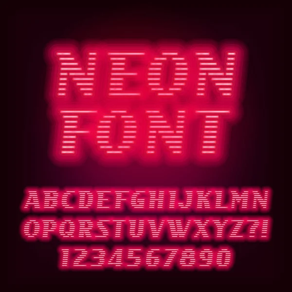 Fonta alfabet tabung neon merah. Huruf-huruf dan angka miring warna neon . - Stok Vektor