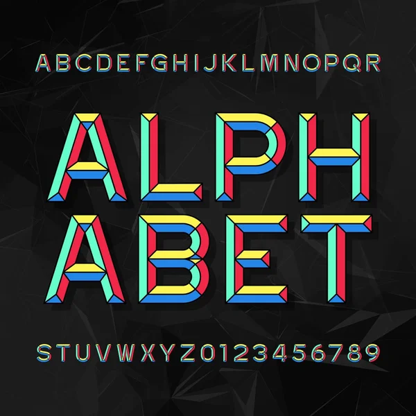 Kleurrijke beitel alfabet Vector lettertype. Typ de letters en cijfers. Donkere veelhoekige achtergrond. — Stockvector