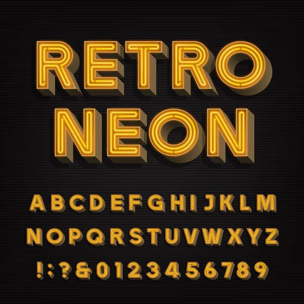 Retro bord alfabet. 3D vintage neon letters en cijfers. Uithangbord lettertype. — Stockvector