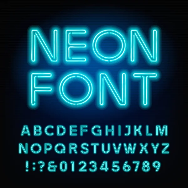 Blauwe neon buis alfabet lettertype. Neon kleur letters en cijfers. — Stockvector