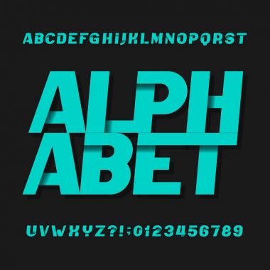Soyut fütüristik alfabe yazı. Eğik türü harf ve rakam.