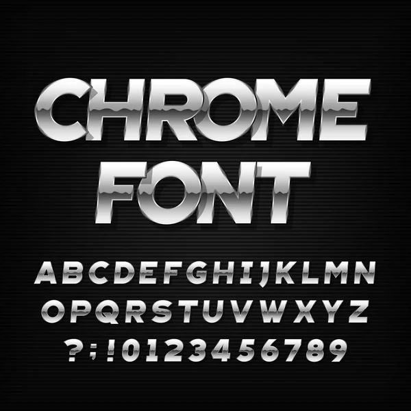 Fuente Alfabeto Chrome Efecto Metálico Letras Oblicuas Números Sobre Fondo — Vector de stock