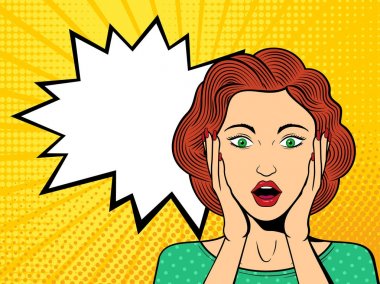 Pop art kadın yüzü açık ağız ile şaşırttı. Komik kadın konuşma balonu ile. Arka plan noktalı retro. Hisse senedi vektör çizim.