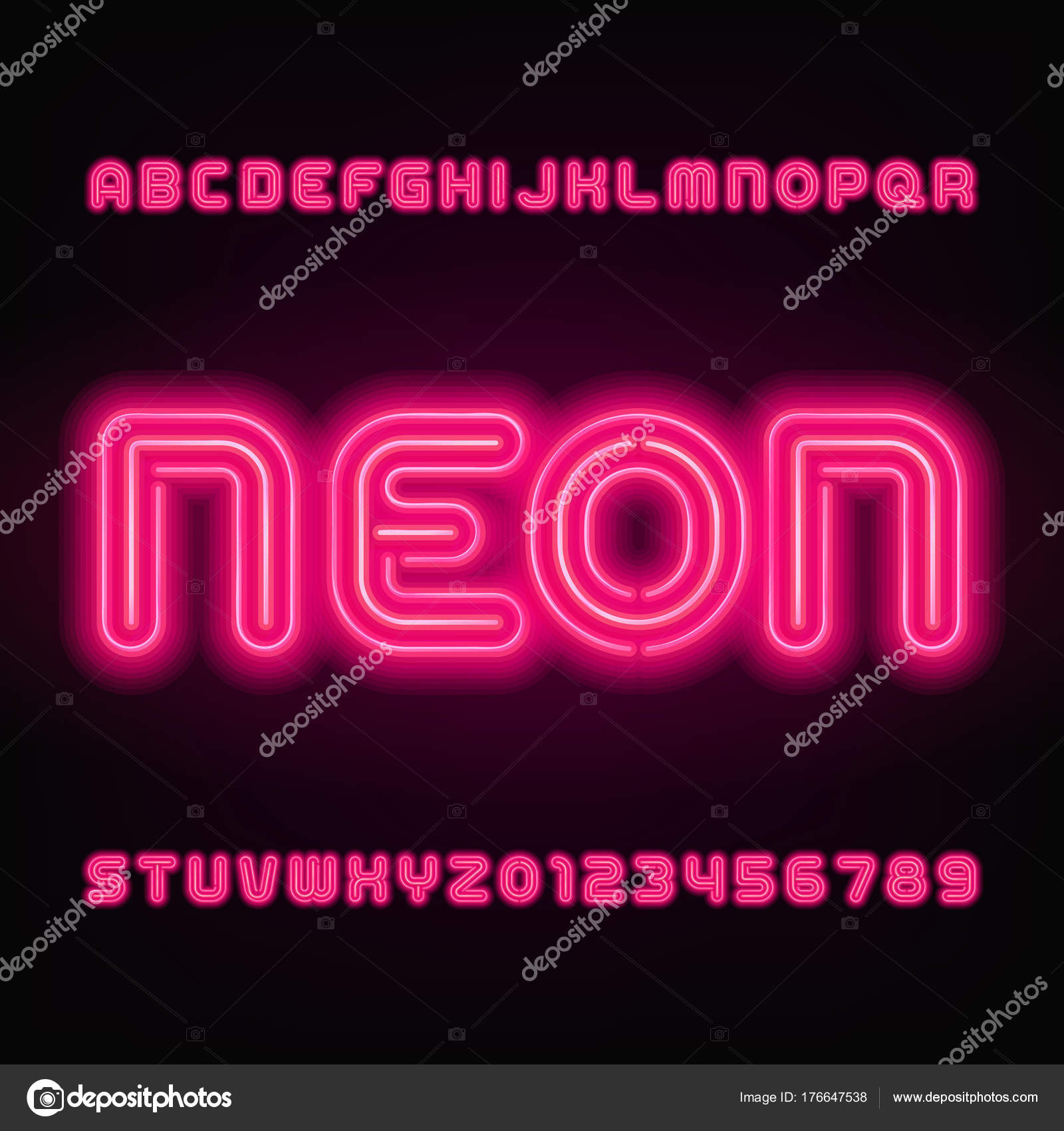 Fonte di alfabeto del tubo al neon Numeri e lettere di colore rosso Carattere tipografico vettoriali stock per le intestazioni o qualsiasi disegno di