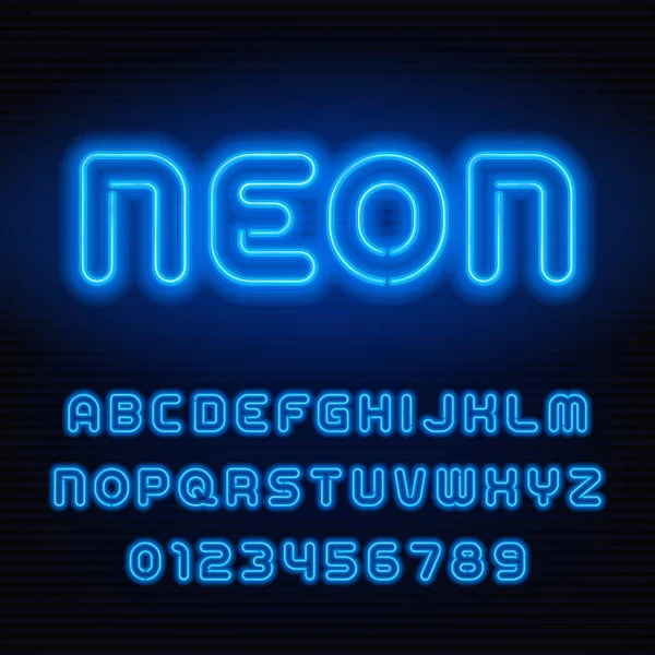 Neon Trubice Abecedy Písmo Modrá Barva Písmena Čísla Vektorové Písmo — Stockový vektor