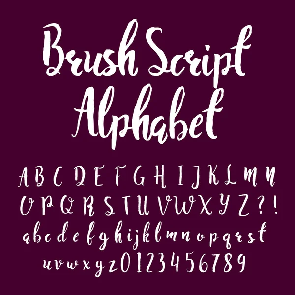 Brush Script Alfabet Lettertype Hand Getekend Hoofdletters Kleine Letters Cijfers — Stockvector