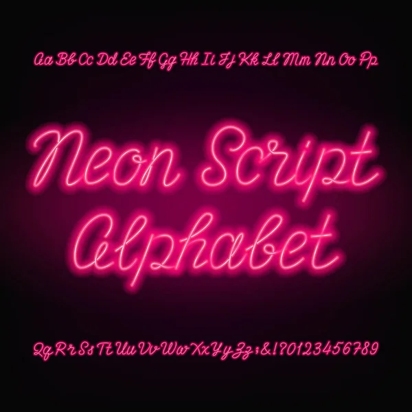 Neon Script Alfabet Lettertype Handschrift Neon Hoofdletters Kleine Letters Cijfers — Stockvector