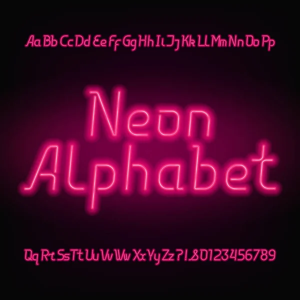 Neon Alfabet Lettertype Gloeiende Hoofdletters Kleine Letters Cijfers Vector Lettertype — Stockvector