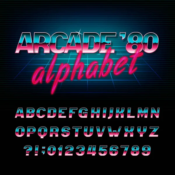 アーケードの 年代のレトロなアルファベットのフォントです メタリック効果光沢のある斜めの文字と数字 あなたのデザインのベクトル文字体裁 — ストックベクタ