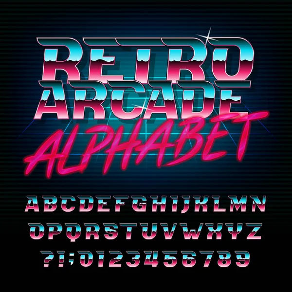 Fonte Alfabeto Arcade Retro Efeito Metálico Letras Oblíquas Brilhantes Números —  Vetores de Stock