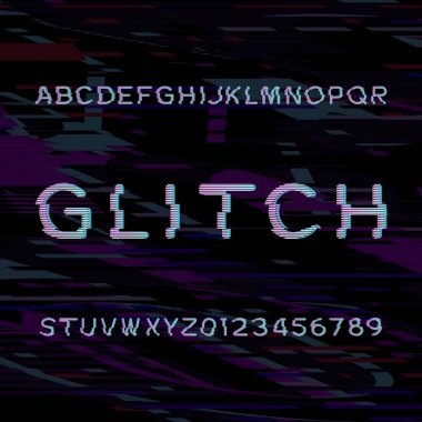 Aksaklık alfabe yazı tipi. Hasarlı türü harf ve sayı glitched bir arka plan üzerinde. Vektör, üstbilgi veya herhangi bir tipografi tasarım için yazı kümesi.