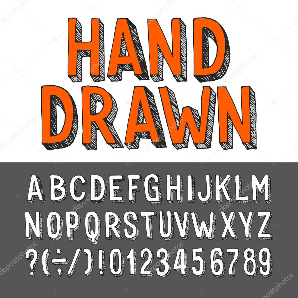 Hand drawn alphabet font. Grunge letters and numbers. Stock vector typeset for your headers or any typography design.