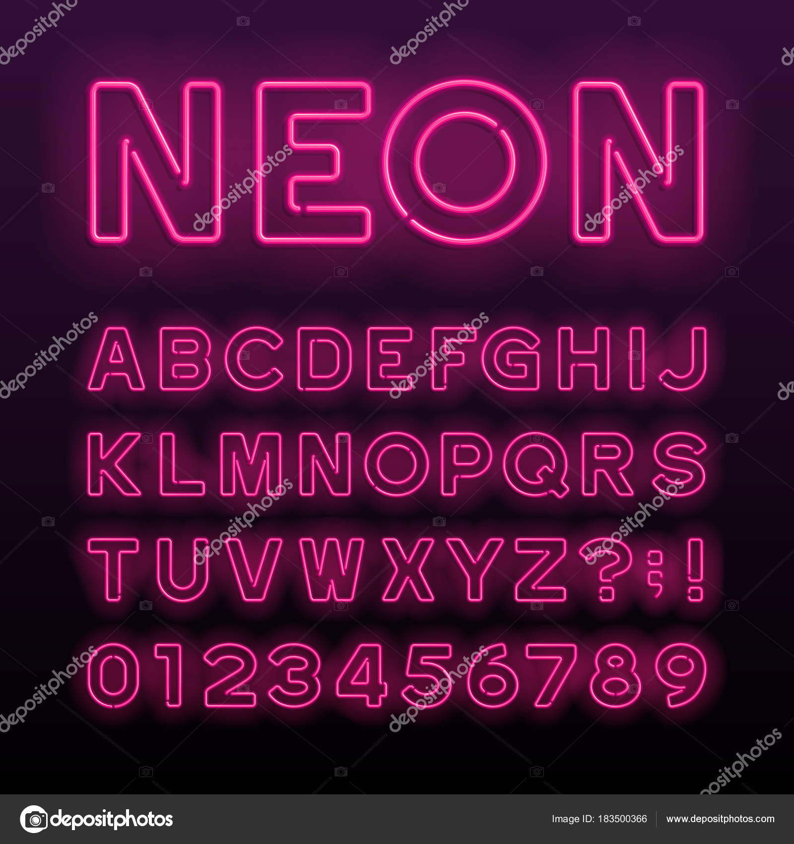 Fonte di alfabeto del tubo al neon viola Lettere del neon di colore numeri e simboli Carattere tipografico vettoriali stock per qualsiasi disegno di