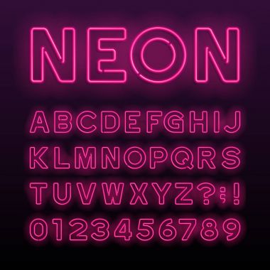 Mor neon tüp alfabe yazı tipi. Neon renkli harfler, sayõlar ve semboller. Hisse senedi vektör yazı herhangi bir tipografi tasarım için.