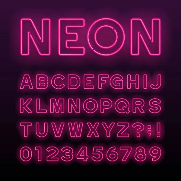 Polices Alphabet Tube Néon Violet Lettres Chiffres Symboles Couleur Fluo — Image vectorielle