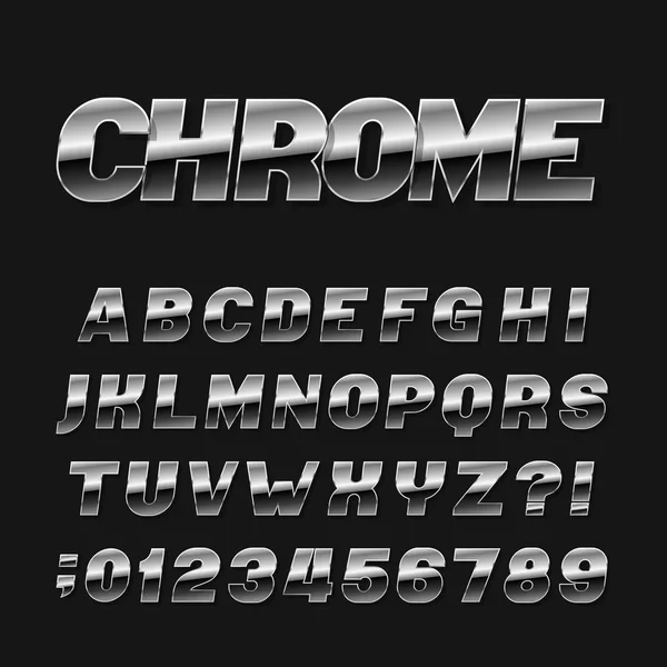 Chrome Efekt Alfabet Czcionki Metalowe Cyfr Symboli Litery Czarnym Tle — Wektor stockowy
