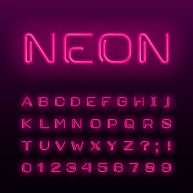 Neon lamba alfabe yazı tipi. Neon renk parlak harfler, sayılar ve simgeler. Hisse senedi vektör yazı herhangi bir tipografi tasarım için.